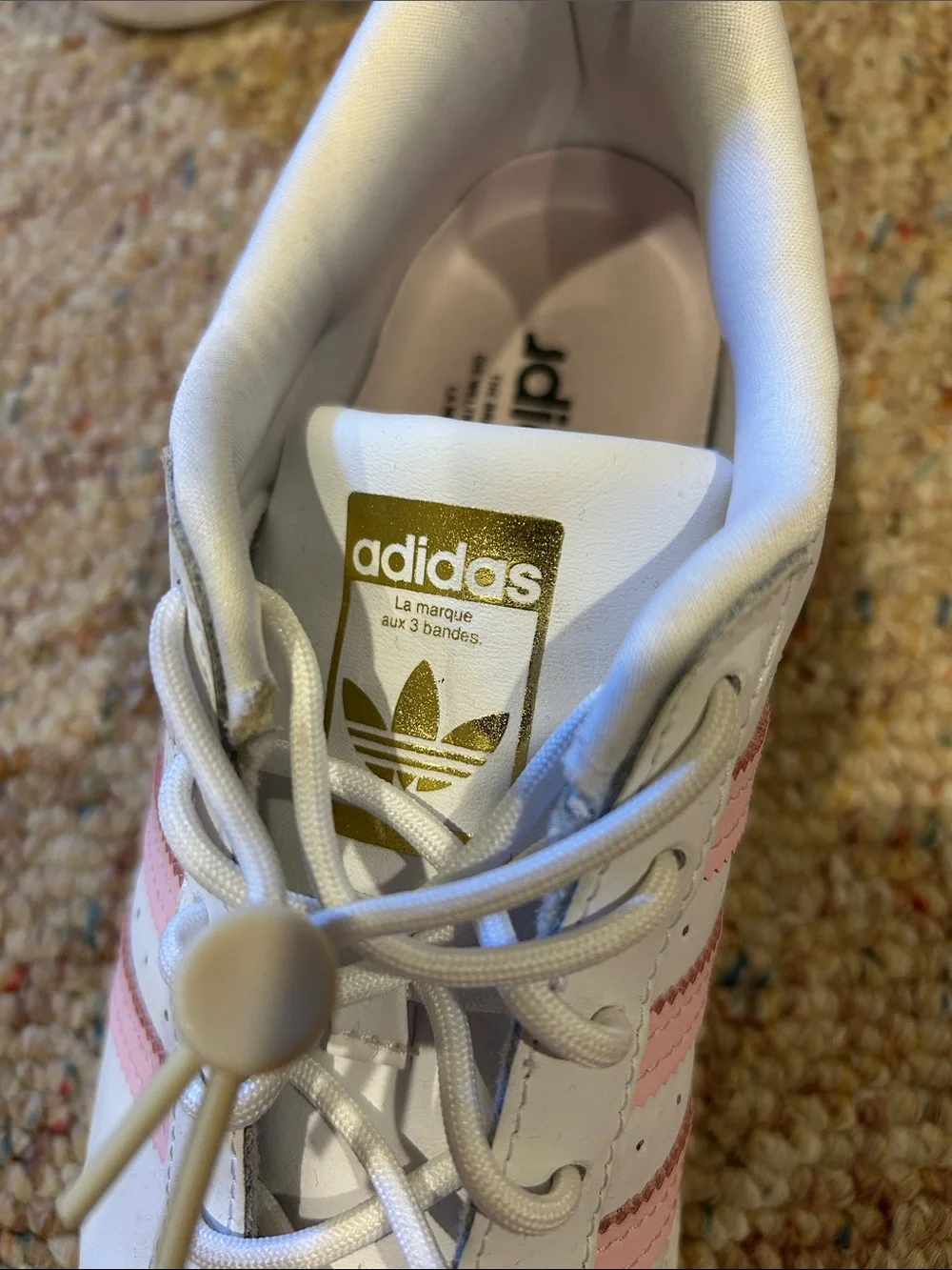 adidas Superstar Sneakers - White with Pink Stripes & Neon Orange Heel